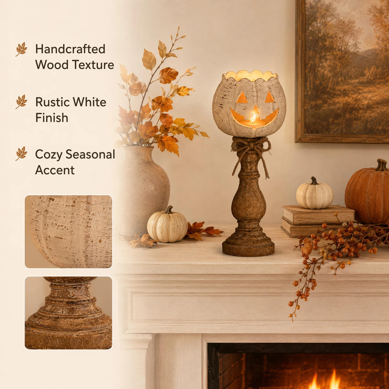 White Pumpkin Tea Light Candle Holder Set Rustic Wood Farmhouse Fall Halloween Thanksgiving view 5