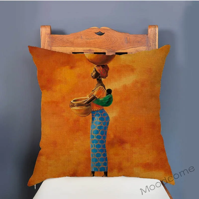 Modern African Art Africa Woman Daily Life Theme Sofa Throw Pillow Cover Home Decorative Cotton linen Orange Cushion Cover Case