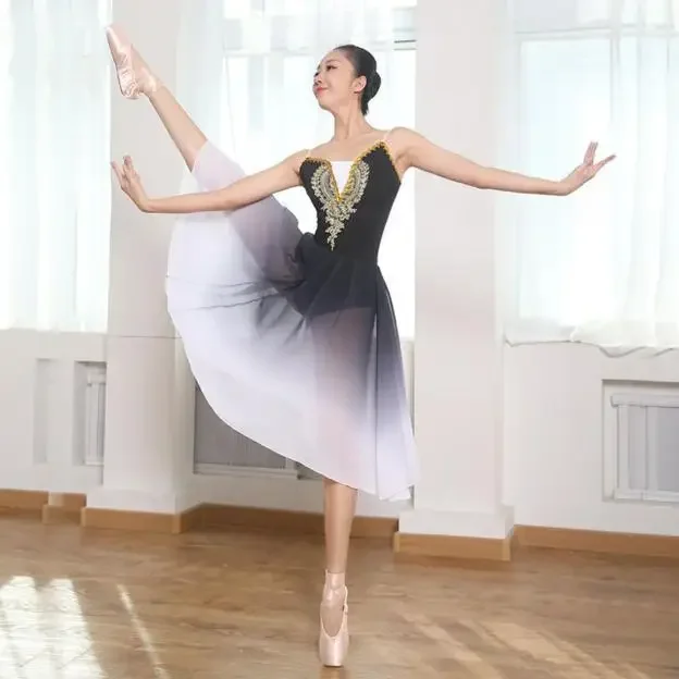 طويل الكبار النساء الأطفال الباليه توتو فستان التدرج الحديثة أزياء رقص أداء راقصة الباليه الشيفون فستان الباليه