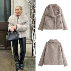 PB & ZA 2024 inizio autunno nuova moda donna sciolto versatile risvolto a maniche lunghe effetto pelliccia artificiale cappotto corto