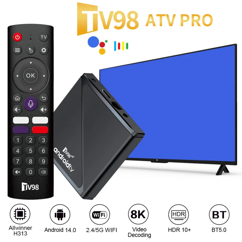 TV98 ATV Pro TV Box Android 14 Allwinner H313 четырехъядерный 8K 4K 5G 4G двойной Wi-Fi BT5.0 голосовой пульт дистанционного управления 2 ГБ 16 ГБ iptv смарт-приставка