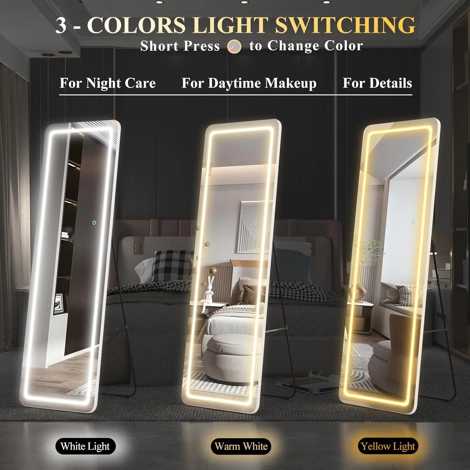 Full Length Mirror with Lights, Body Mirror with Lights, Wall Mounted Hanging Mirror with Lights for Bedroom with 3 Color