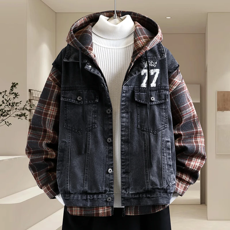 

Thiened Fce Warm Autumn Winter Denim Jaet with Hat for Teenagers Trendy Sli Youthful Long Sve Zipper Closure Je...