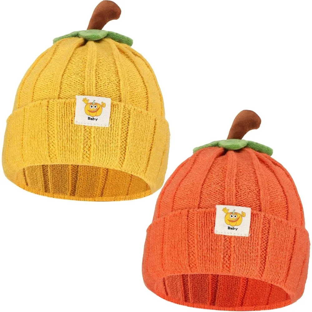 2 Pcs Halloween Baby Pumpkin Hat ,Winter Cute Knitted Hat,Newborn Beanie Baby Winter Hat,Soft Boys Girls Cap for  Thanksgiving