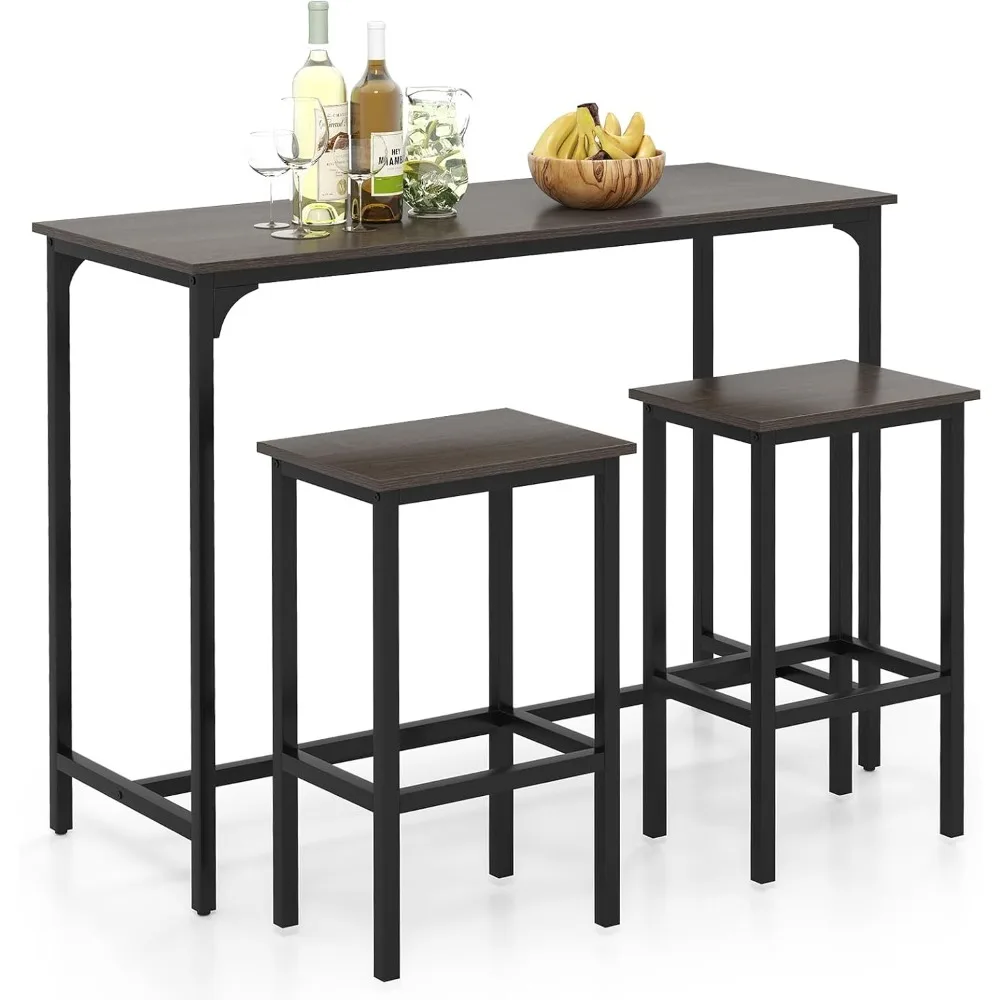 

3-Piece Bar Table Set, Industrial Counter Height Kitchen Table and 2 Stools with Metal Frame, Rectangular Pub Table Set