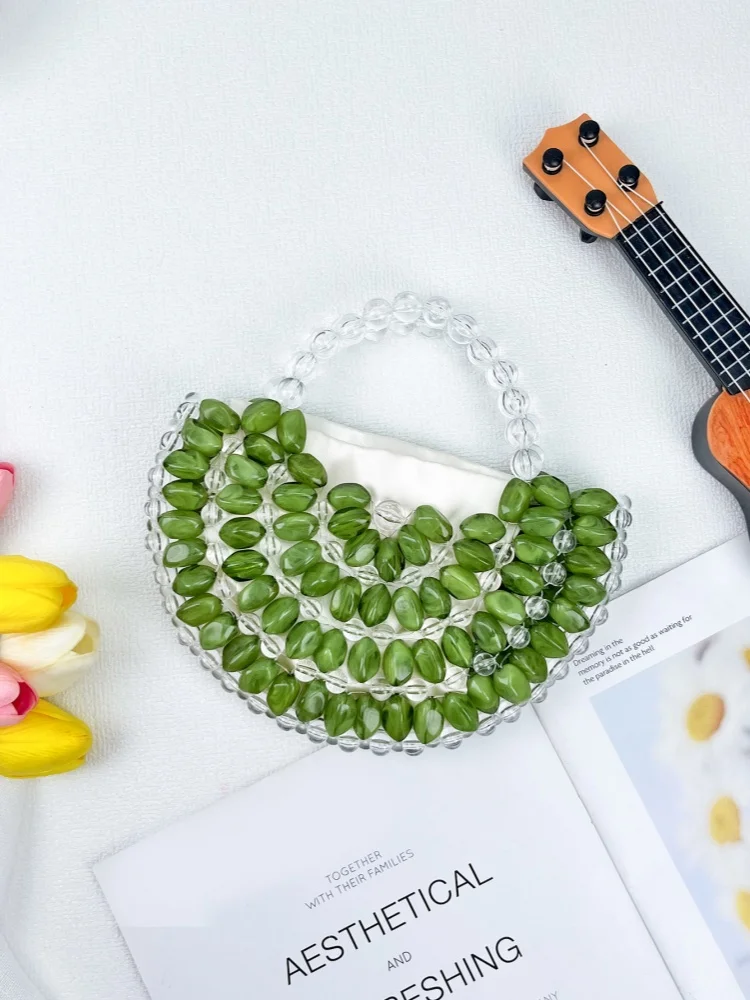 Summer Fresh Style Colorful Oval Beads Handmade Woven Handbag Transparent Crystal Beads Mini Fan-Shaped Women's Tote Bag