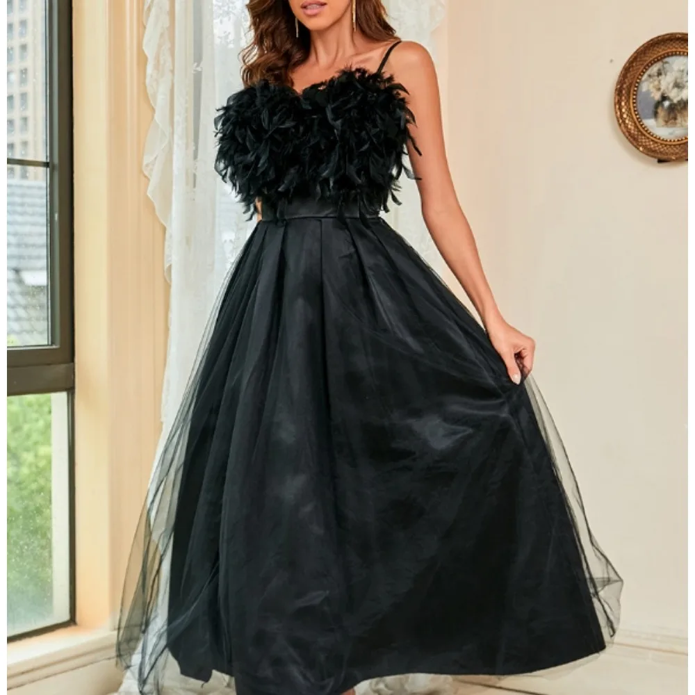 Robe de bal élégante sans manches, Vintage, Chic, plumes épissées, maille, Slim, bretelles, robes de soirée française, vêtements d'automne