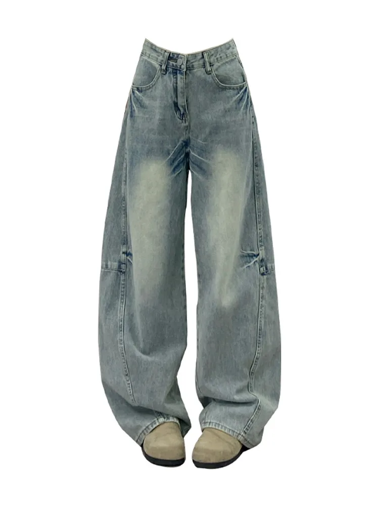 กางเกงยีนส์ทรงขากว้างเอวสูงสไตล์อเมริกันย้อนยุค ดีไซน์ขาดๆ เซอร์ๆ สำหรับผู้หญิง สวมใส่สบายๆ