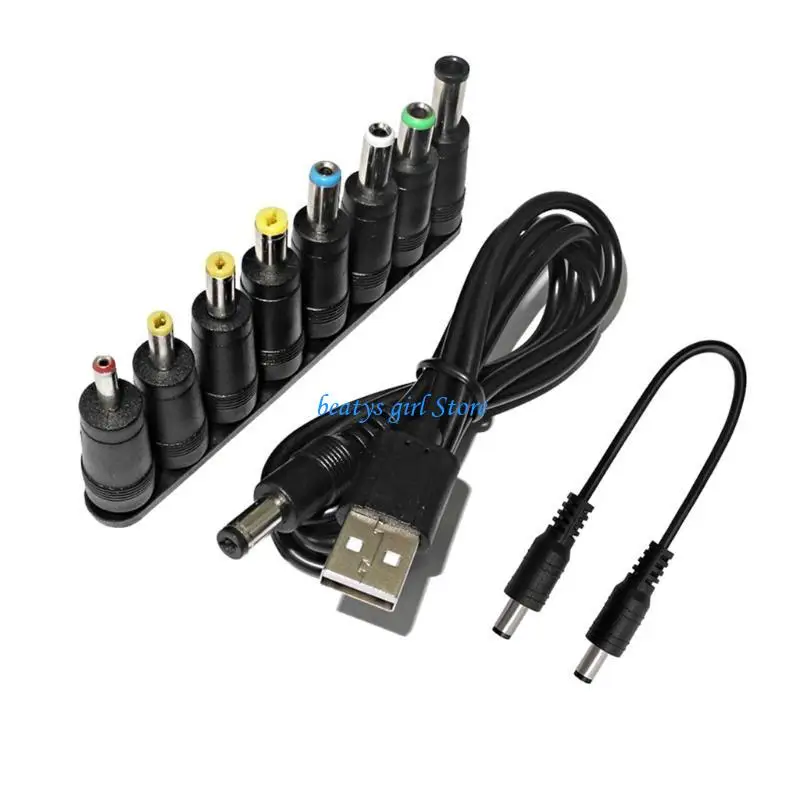 

C7AB USB to DC5521 5V Power Cord DC5.5x2.1mm Charging Cable with 8 Interchangeable Connectors Tip Set 1M Cable