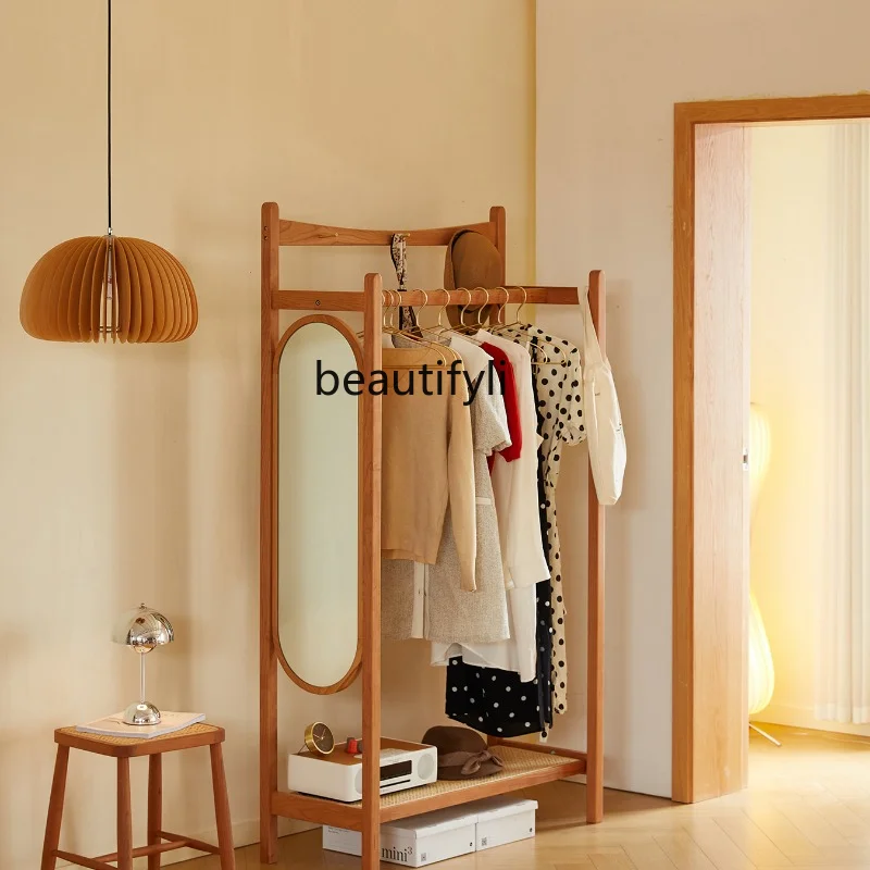 

Coat Rack Floor Bedroom Nordic Cherrywood Living Room Mirror Integrated Household Hallway Solid Wood Hanger Hanger