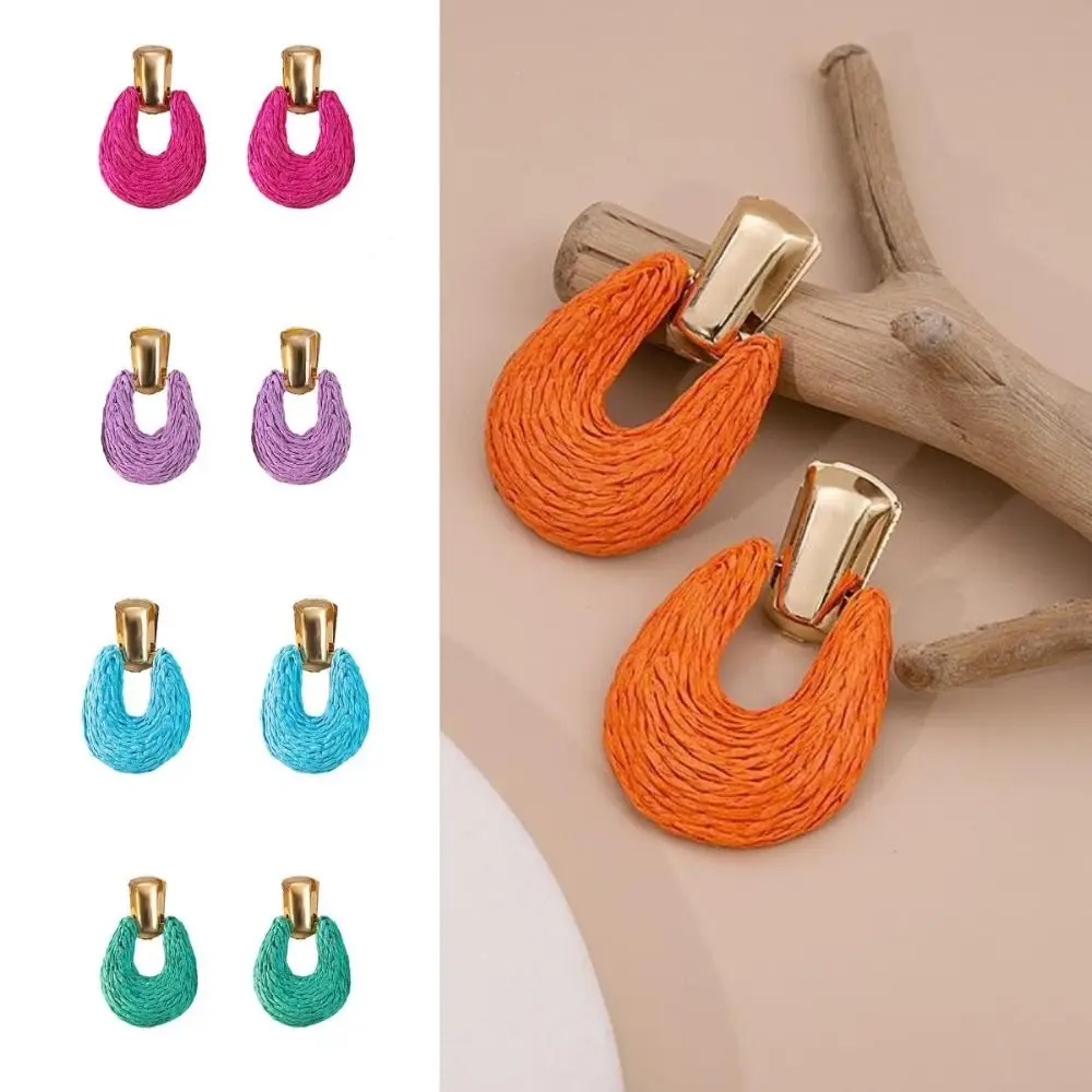 Scalloped Earrings Woven Raffia Earrings Colorful Exaggerate Ethnic Style Earring Retro Alloy Hoop Beach Tassel Earring Women