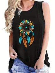 Summer women's loose and personalized dream catcher mesh printed sleeveless vest top T-shirt comfortable sleeveless sweater