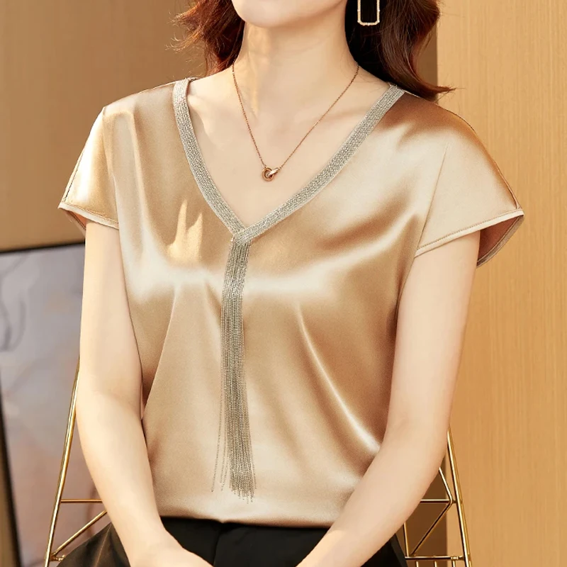 Summer Fashion Satin Short Sleeve Shirts and Blouses for Women V-neck Elegant Woman Casual Solid Office Lady Loose Tops 15494