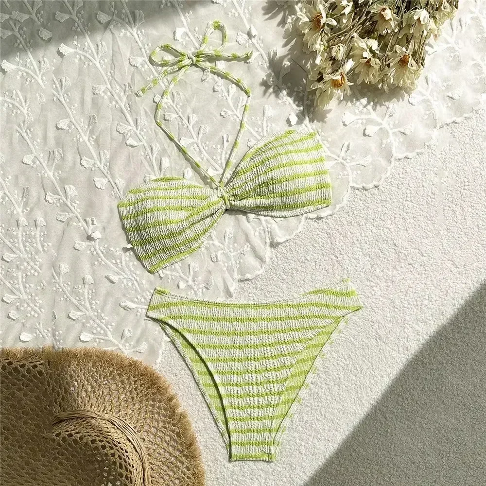 Striped Print String Halter Bandeau Bikinis Sets 2025 Sexy Swimsuit Women Ruched Swimwear Bathing Suit Brazilian Bikini Mujer