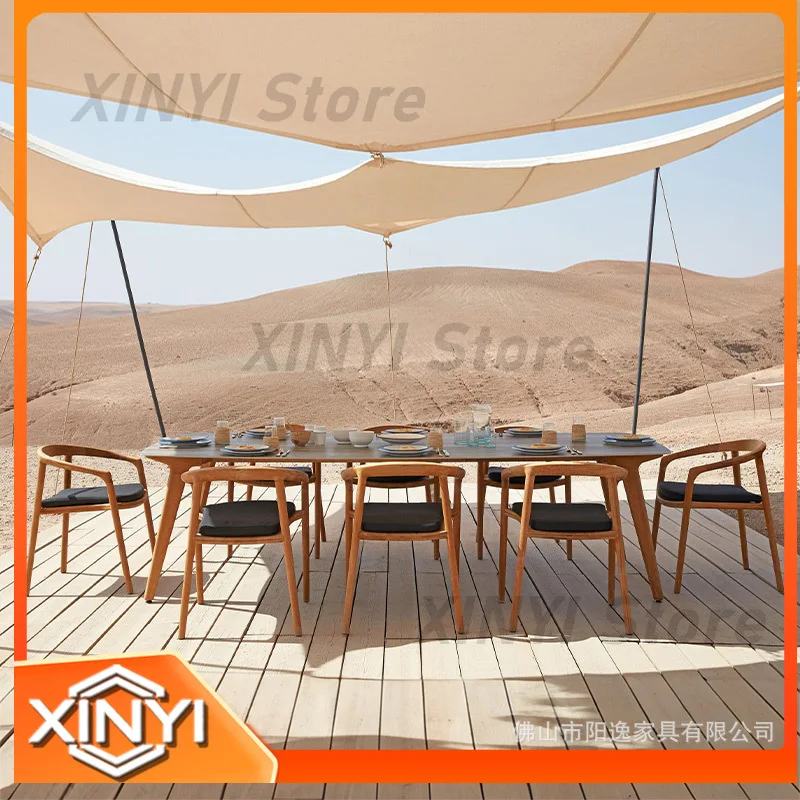 Outdoor Teak Table and Chair Set for Villa Hotel Garden Waterproof UV Resistant Rot Proof Solid Wood Patio Furniture