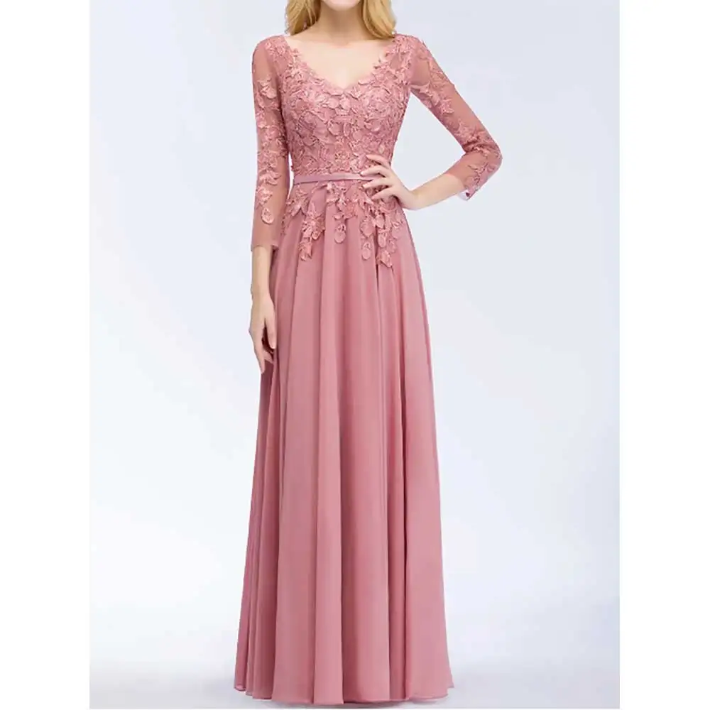 

Elegant V-Neck 3/4 Sleeve Appliquéd Belted A-Line Backless Evening Dress For Women Prom Party Bridesmaid's Dresses Formal Gowns