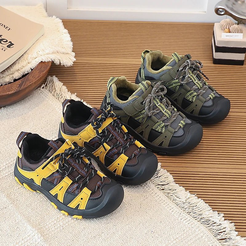 Kids'Casual Shoes PU Leather Fashion Winter Running Shoes For Children Anti-slip Breathable Yellow Green Shoes Size 26-37