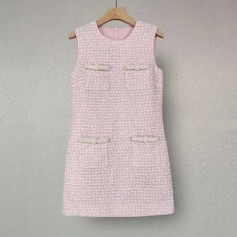 

Luxury Short Tweed Dress Women's Pink Tank Pearl Bow Pocket Prom Party Vestido Mini Robe Tassels Sweet Evening Dresses
