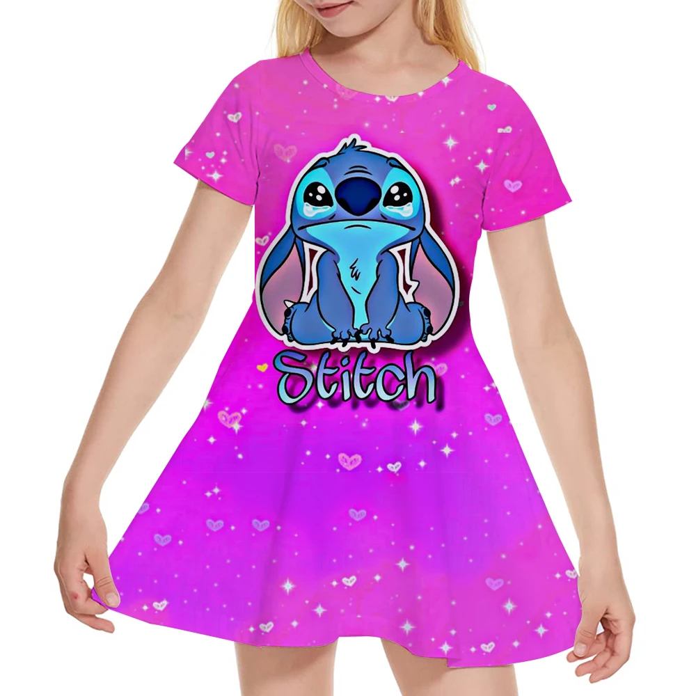

Summer New Children's Clothing 3d Printed Romantic Stitch Cute Girl Short-Sleeved Dress 3-14 Years Old Kids Performance Clothing