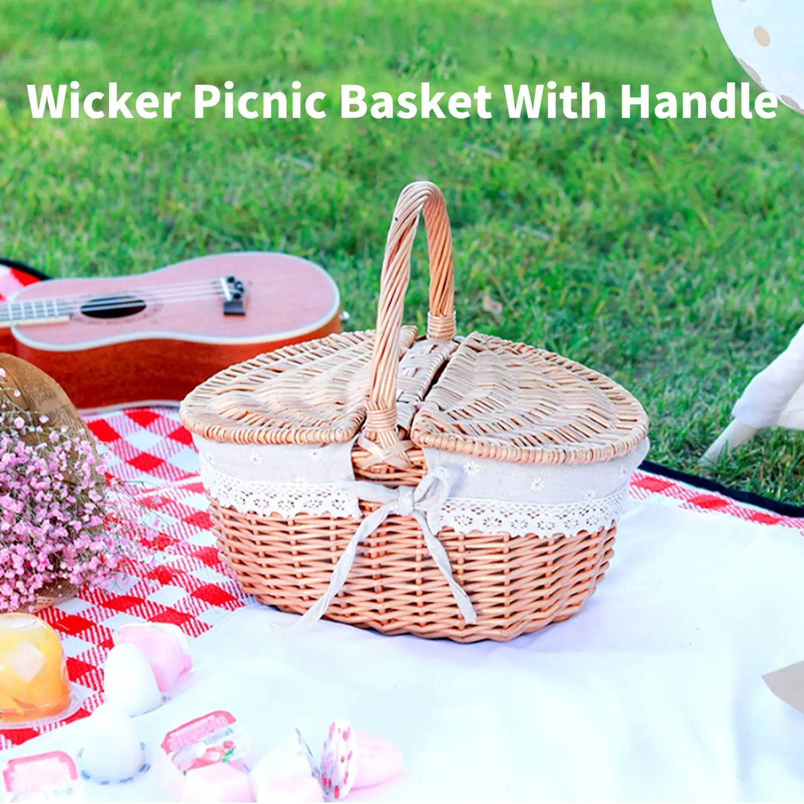 

Country Style Wicker Basket With Handle Wicker Camping Picnic Basket With Double Lids Shopping Storage Hamper Basket