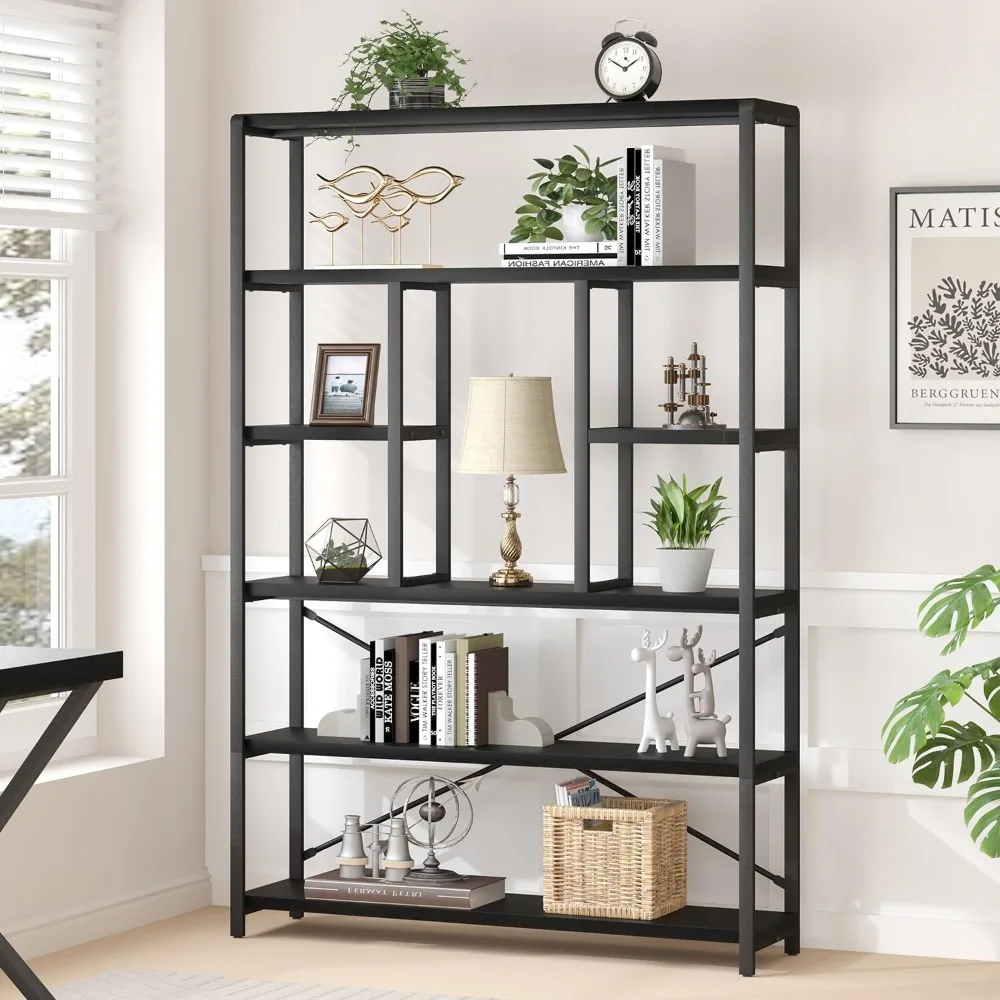 6 Tier Tall Black Bookshelf, Modern Large Wide Book Rack Storage, Industrial Wood Metal Etagere 6 Shelf Bookcase