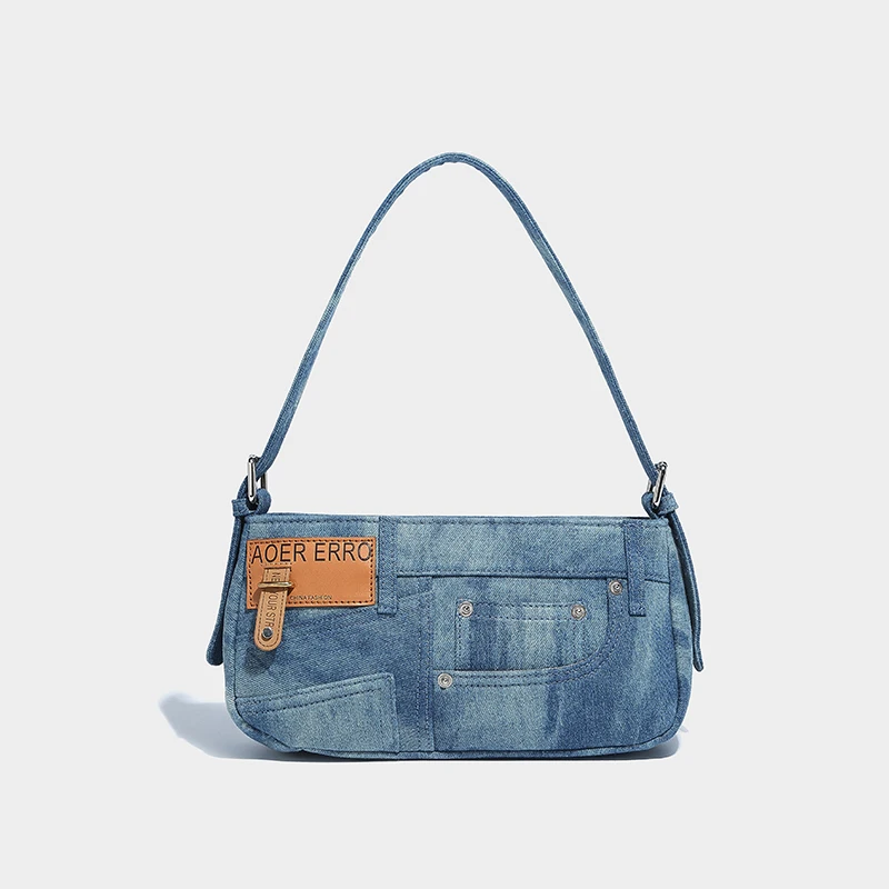 

2024 Simple Fashion Single Shoulder Underarm Bag Retro Stitching Denim Baguette Bag Women’s Commuting Versatile Crossbody Bag