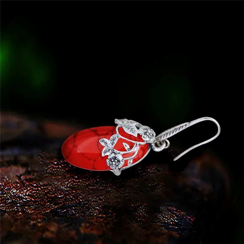 أطقم عقد وأقراط من الفيروز الصناعي للنساء ، مجوهرات عتيقة مطلية بالفضة ، شكل العين ، مظهر عتيق ، دلاية على شكل زهرة ، موضة