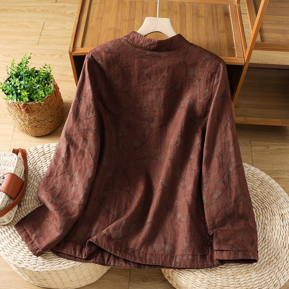 Thickened Fleece Short Printed Stand Collar Women's Jacket Chinese Style Slim Fit Long Sleeve Casual Autumn Coat