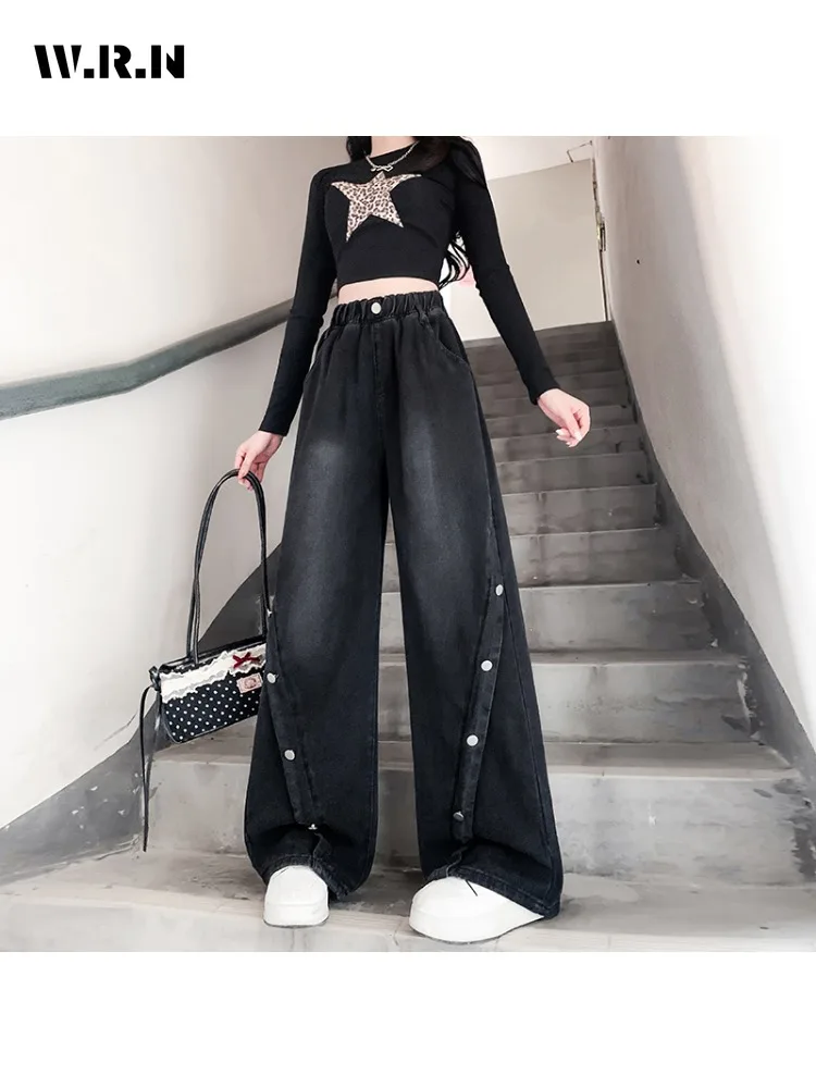 

Женские джинсы в стиле Харадзюку в повседневном стиле, швабра в стиле панк, длинные брюки с эластичной резинкой на талии Y2K, уличные мешковатые винтажные эстетические джинсовые брюки