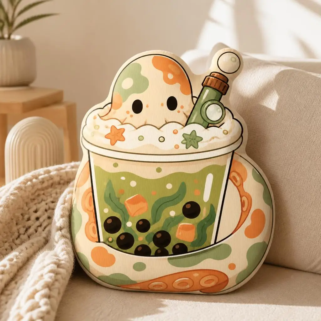 Calico Cat Bubble Tea Diver Plush Pillow Cute Shaped Throw Cushion for Boba Fans Kawaii Sofa Home Decor Gift for Cat Lovers
