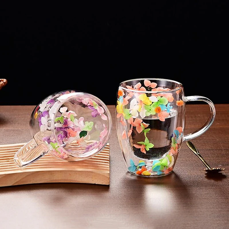 1PC INS Trends High Borosilicate Glass Tea Coffee Cup Floral Dry Flowers Cup Simple Heat Resistant Double Wall Glass Cup