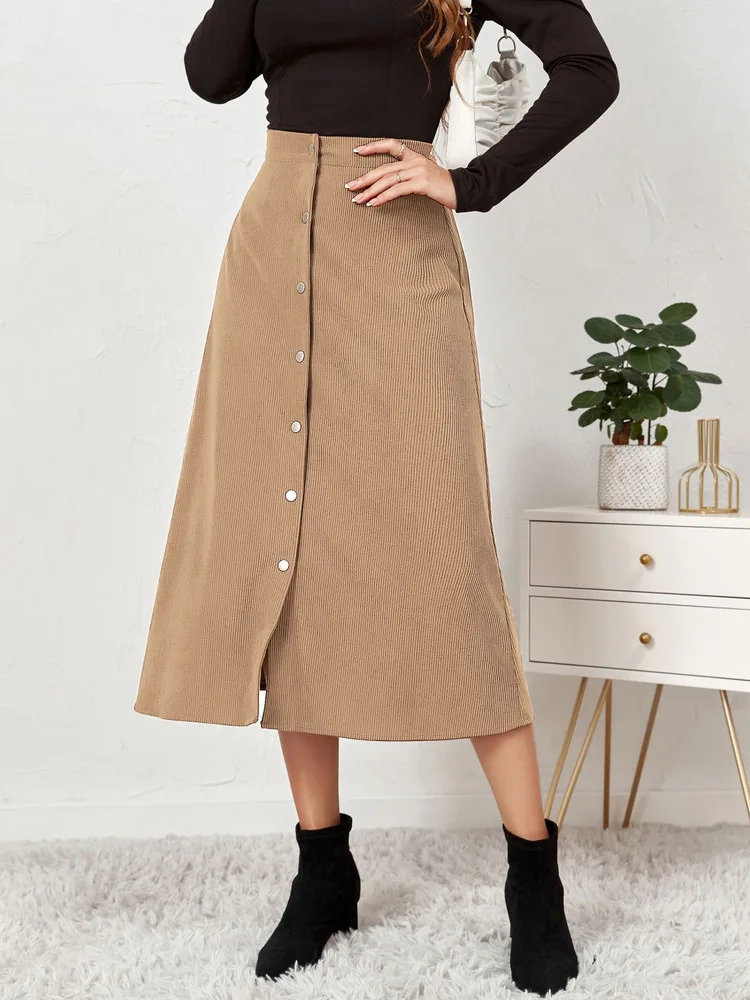 New In 2025 Autumn Winter Women's Corduroy Single Breasted High Waist Long Skirt Office Lady Casual Midi Skirts