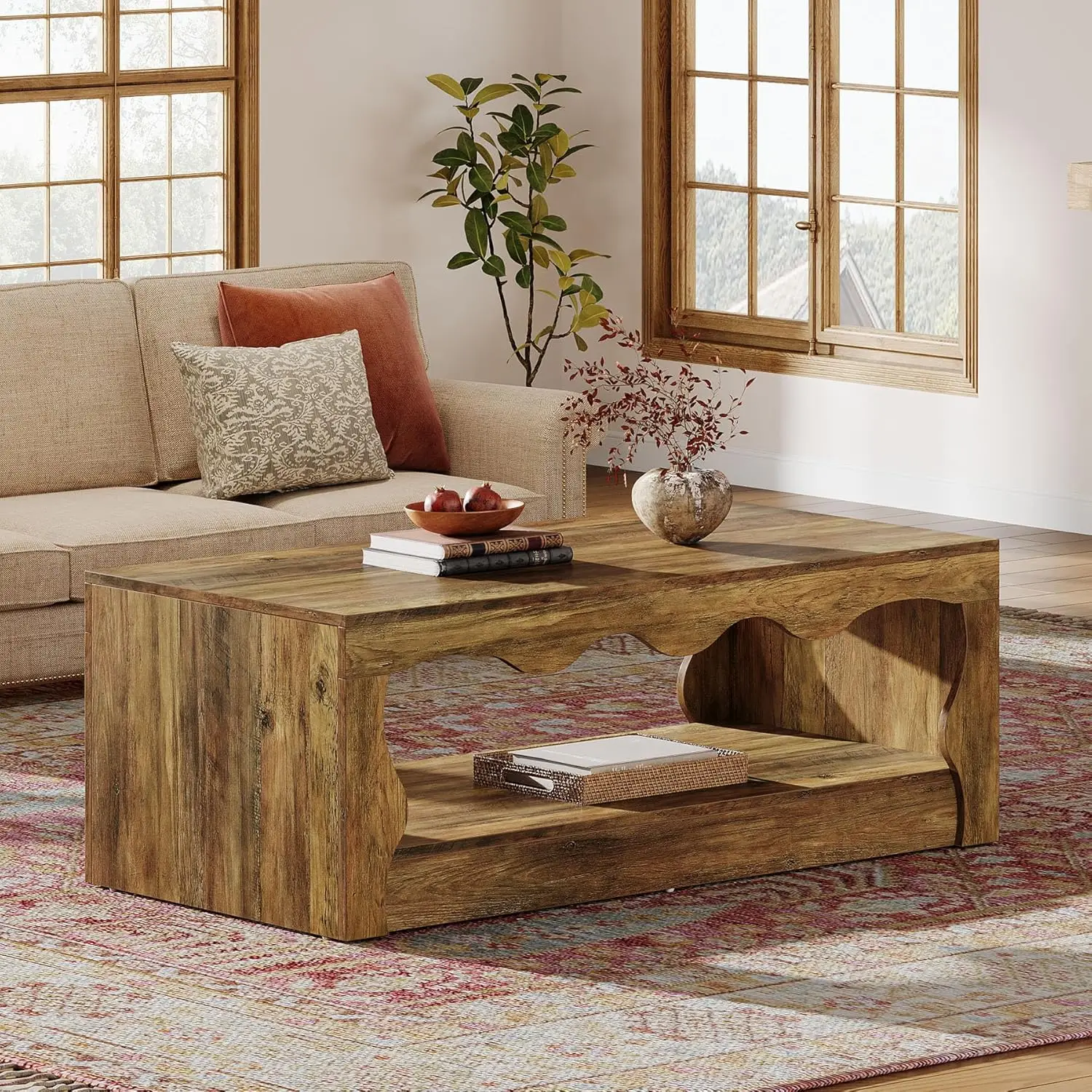 Rectangle Coffee Table, 47-Inch Farmhouse Coffee Tables for Living Room, 2-Tier Wooden Rectangular Accent Center Low Cocktail