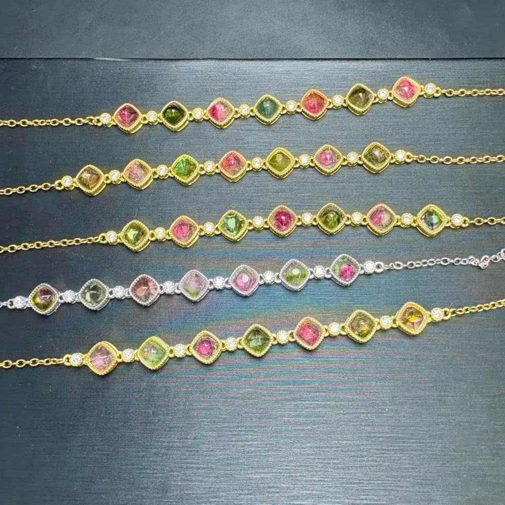 S925 Natural Watermelon Tourmaline Bracelet Women Reiki Healing Bangles Jewelry For Female Holiday Gift 1PCS