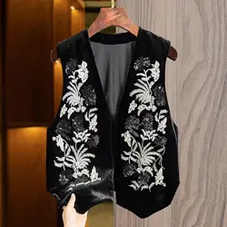 Women's Vest Lady Vests New Embroidered Chinese Vest Female Autumn and Winter High-end Vest Black Vest Coat Sleeveless Coat