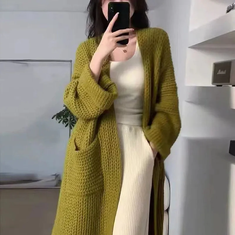 

Long Cardigan Sweater Women Winter 2023New Korean Fashion Oversized Elasticity Knitted Sweater Coat Casual V-Neck Thicken Jacket