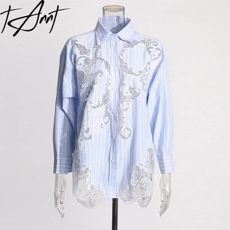 Tannt Women Shirt Asymmetry Lace Patchwork Hollow Out Stripes Shirt Blouses Long Sleeves Fashion Loose Blouses Tops 2024 New