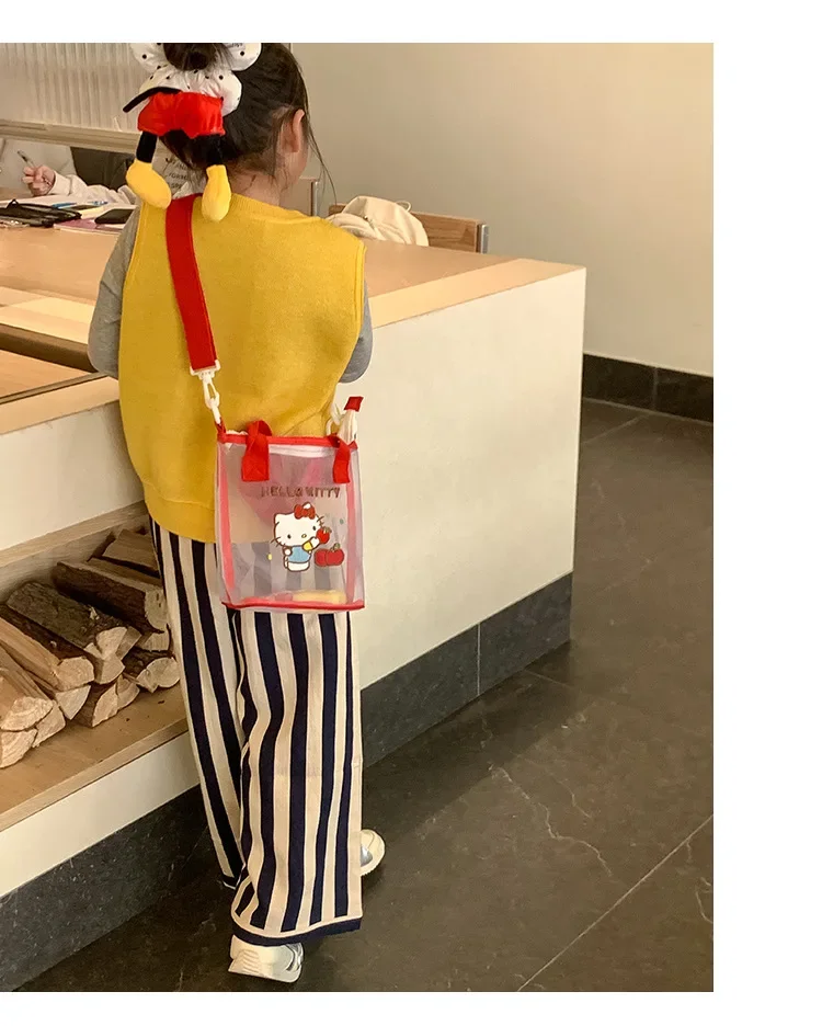 Sanrio Hello Kitty-Bolso de hombro de malla Kawaii, bolso Bento de mano con estampado bonito, bolso ligero transparente, regalo para niña