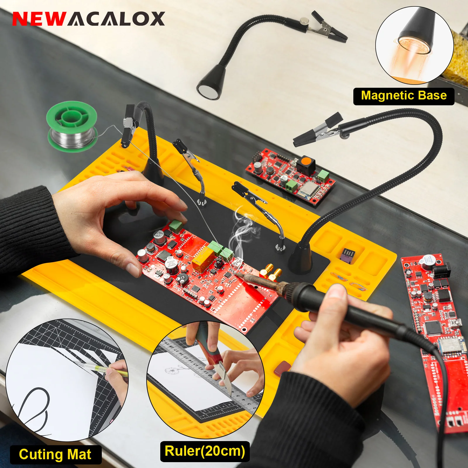 NEWACALOX Magnetic Helping Hands Third Hand Soldering Work Station, Welding Silicone Pad, A5 Cutting Plate, Metal Flexible Arms