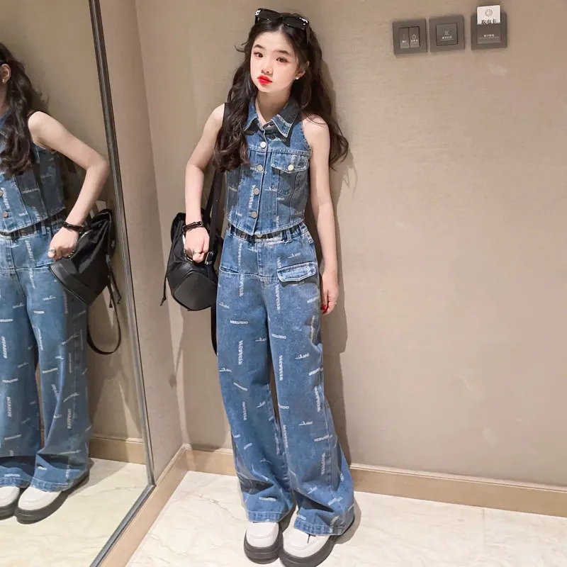 Conjunto de 2 peças de colete jeans azul para adolescentes, colete sem costas sem mangas para meninas, fantasias infantis, roupas infantis, moda