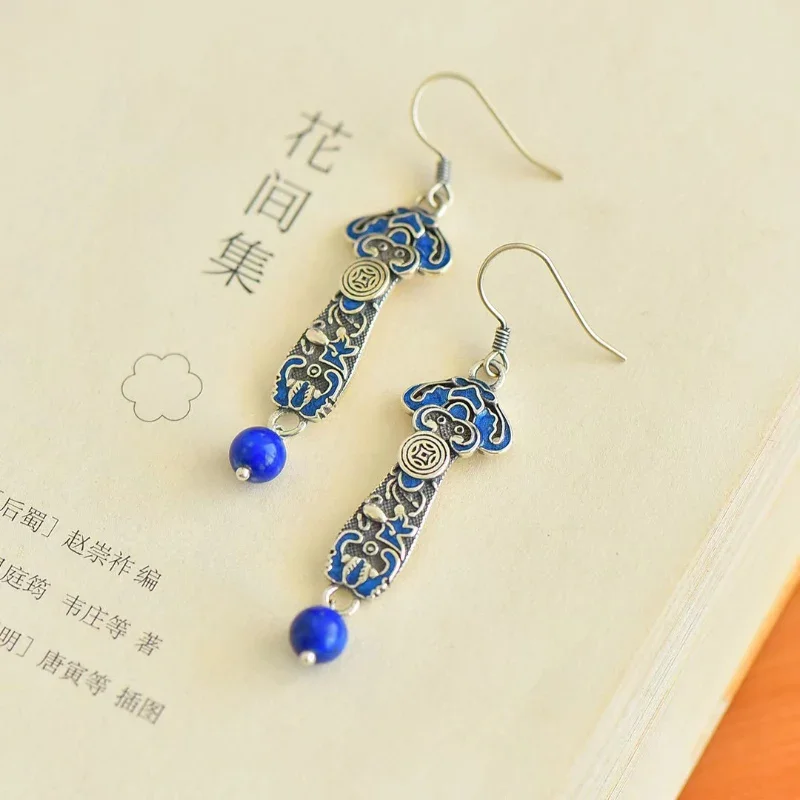 National Style Red Agate Earings 925 Silver Blue Retro Ruyi Lapis Lazuli Earrings for Women Exquisite Banquet Jewelry