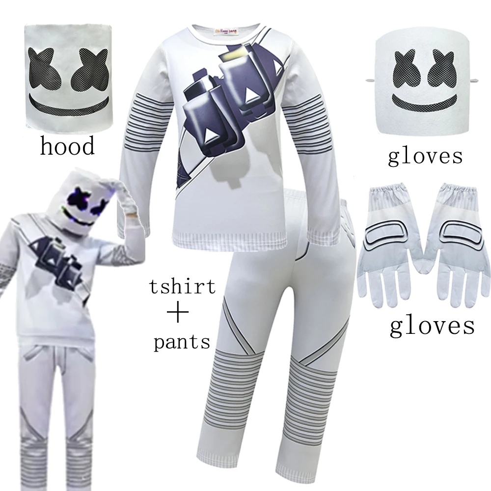 2025 traje de halloween crianças marshmello dj cosplay traje meninos manga longa calças superiores máscara conjunto carnaval música festa roupas presentes