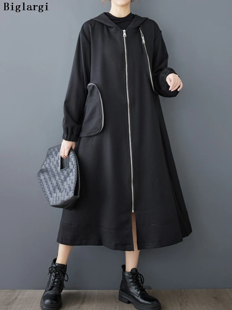 

Oversized Autumn Winter Hooded Trench Coat Women Ruffle Loose Pleated Fashion Ladies Windbreak Casual Woman Long Trench Coats