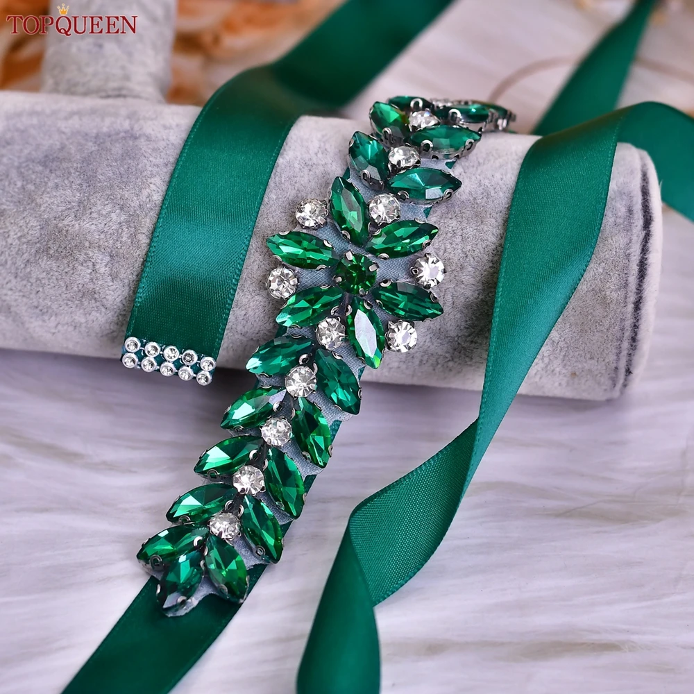 TOPQUEEN Green Belt Rhinestone Bridal Waist Evening Gown Corset Wedding Accessory Woman Waist Decoration Bridesmaid Jewelry S69