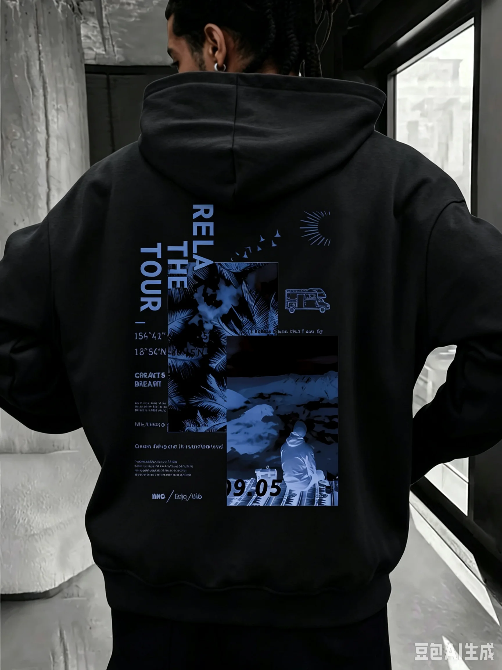 Men Fashion Streetwear Hoodie Autumn Vintage Spliced Text and Landscape Photo Print Casual Loose Fit Pullover Hooded Sweatshirt