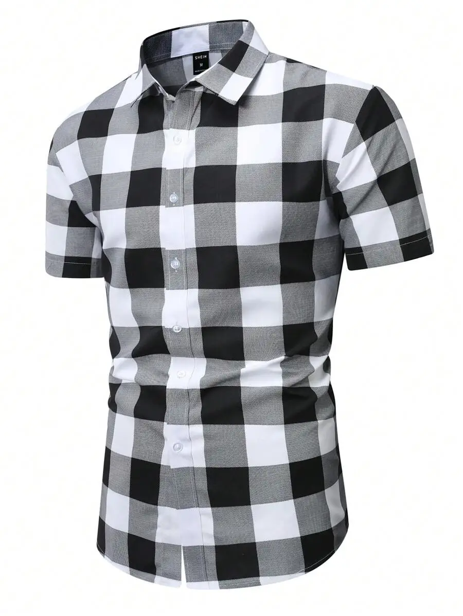 

Men's Casual Short Sleeve Plaid Shirt in Black White Gray Check Pattern