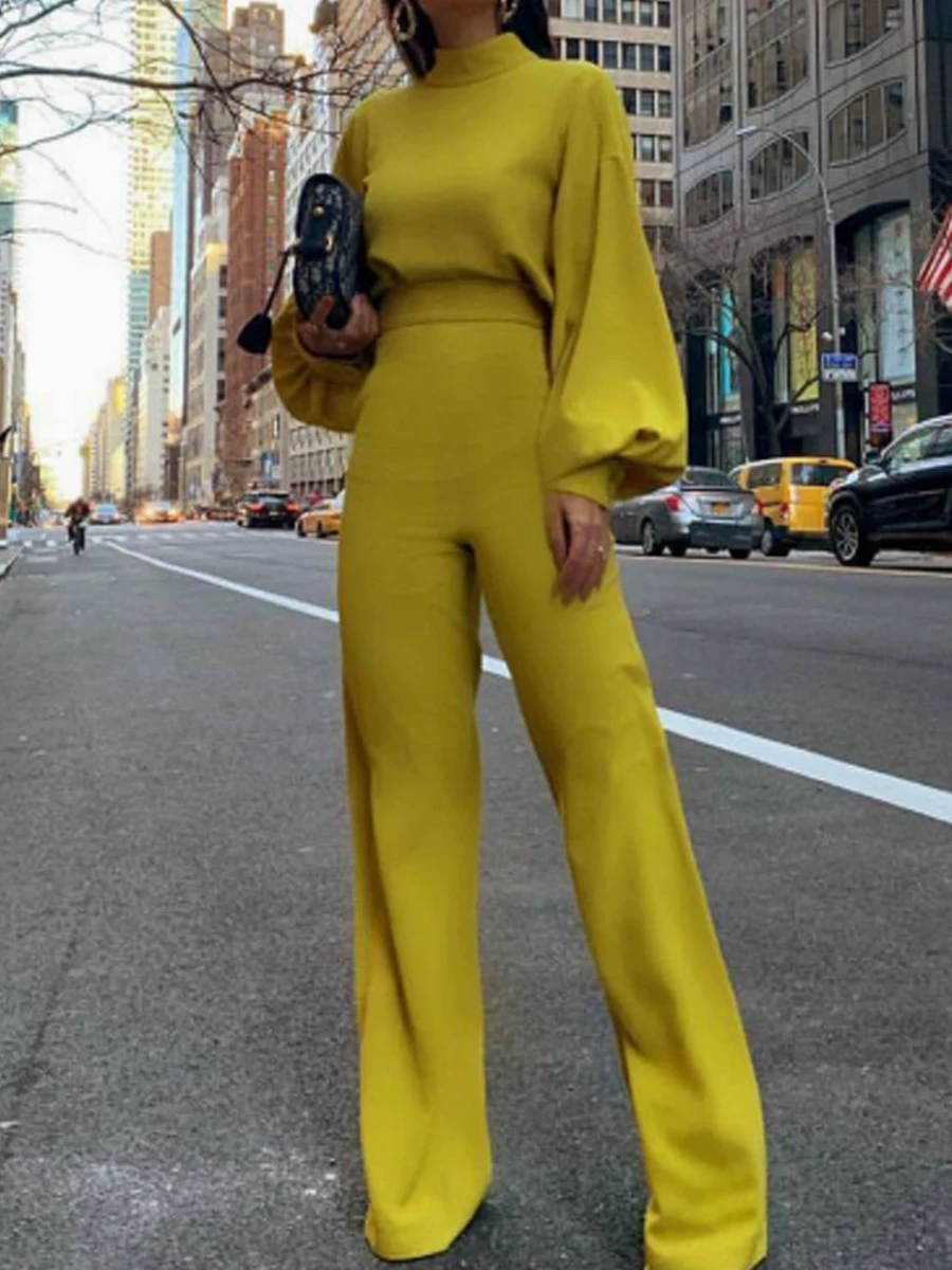 Women Elegant Fashion Slim Fit Yellow Wide Leg Casual Overalls Office Look Work Lantern Sleeve Mock Neck Jumpsuits