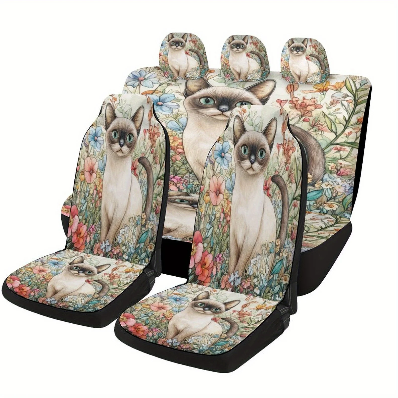 Juego de fundas para asientos de coche con diseño de un gato siamés entre flores, aptas para varios vehículos. Esto es un producto de alta calidad, cómodo y completo.