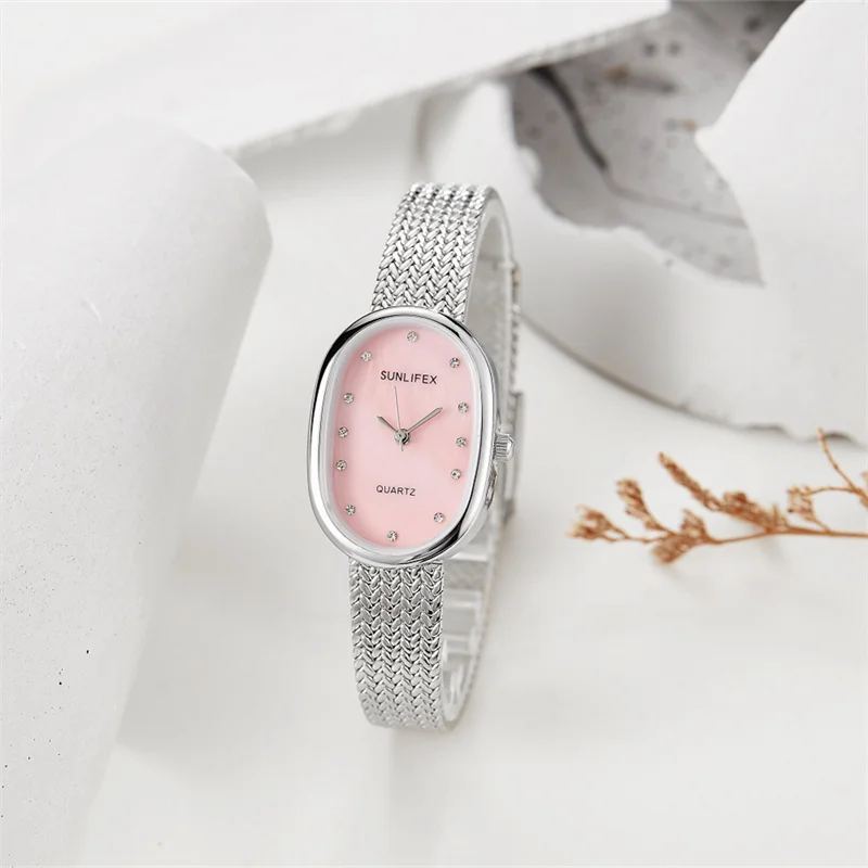 Fashion business alloy oval elegant waterproof women\'s quartz watch gradient color rhinestone dial suitable for daily life