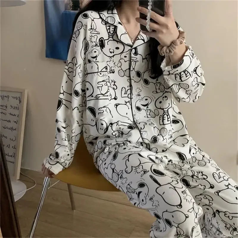 Kawali Peanuts Snoopy Cartoon Pajamas Home Wear Long Sleeved Pants Set Milk Silk Comfort Ins Girl Birthday Gift For Girlfriend